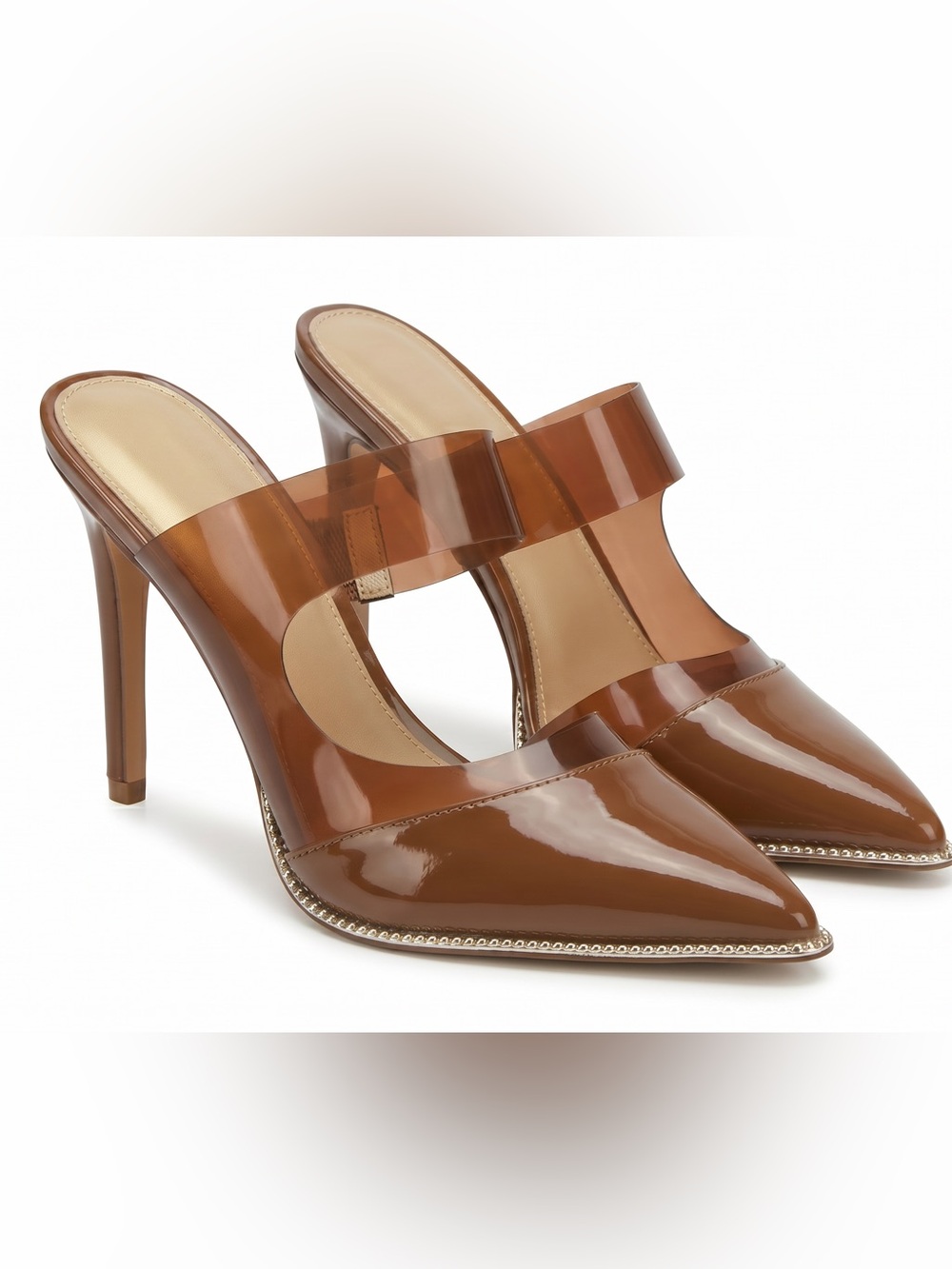 Women’s Brown Patent Pointed-Toe Mule Heels